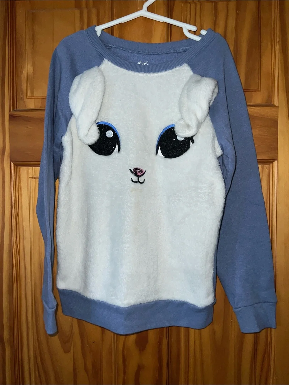 Justice White Plush Bunny Crewneck with Blue Sleeves